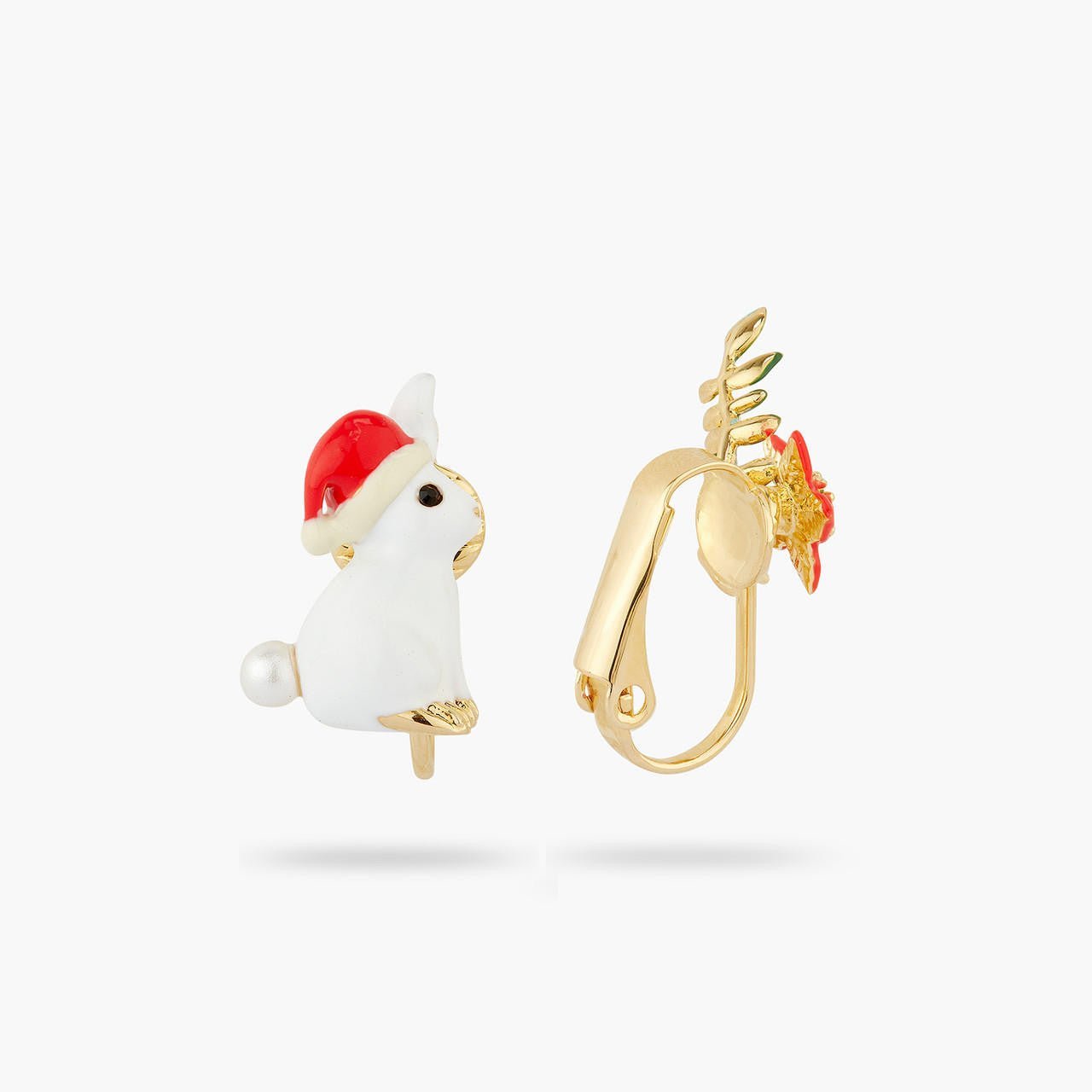 Rabbit and Poinsettia asymmetrical earrings | AQNE1021 - Les Nereides
