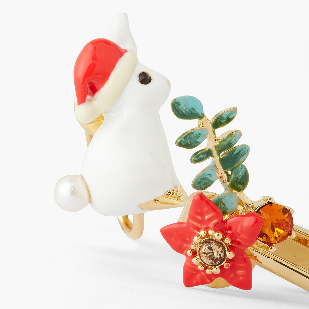 Rabbit and Poinsettia asymmetrical earrings | AQNE1021 - Les Nereides