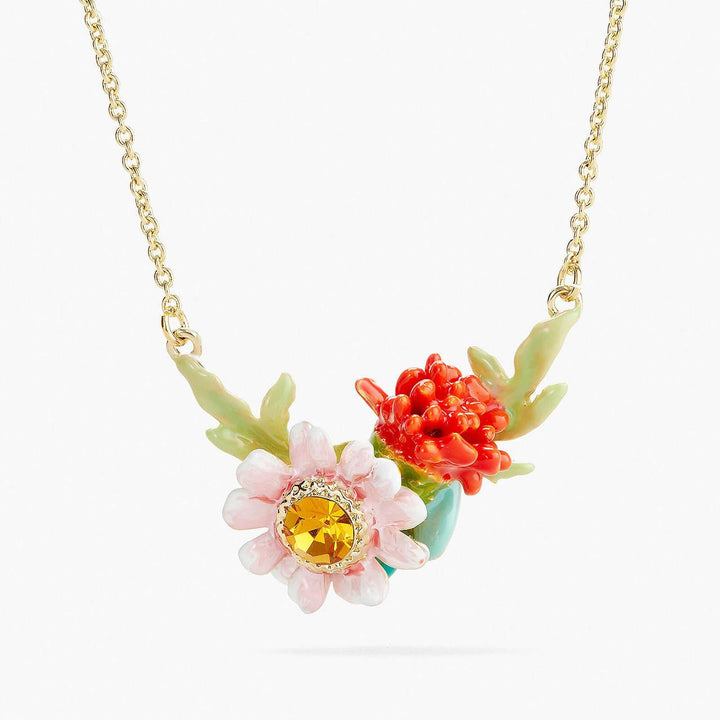 Red Dahlia And Pink Meadow Flower Pendant Necklace | APPP3061 - Les Nereides