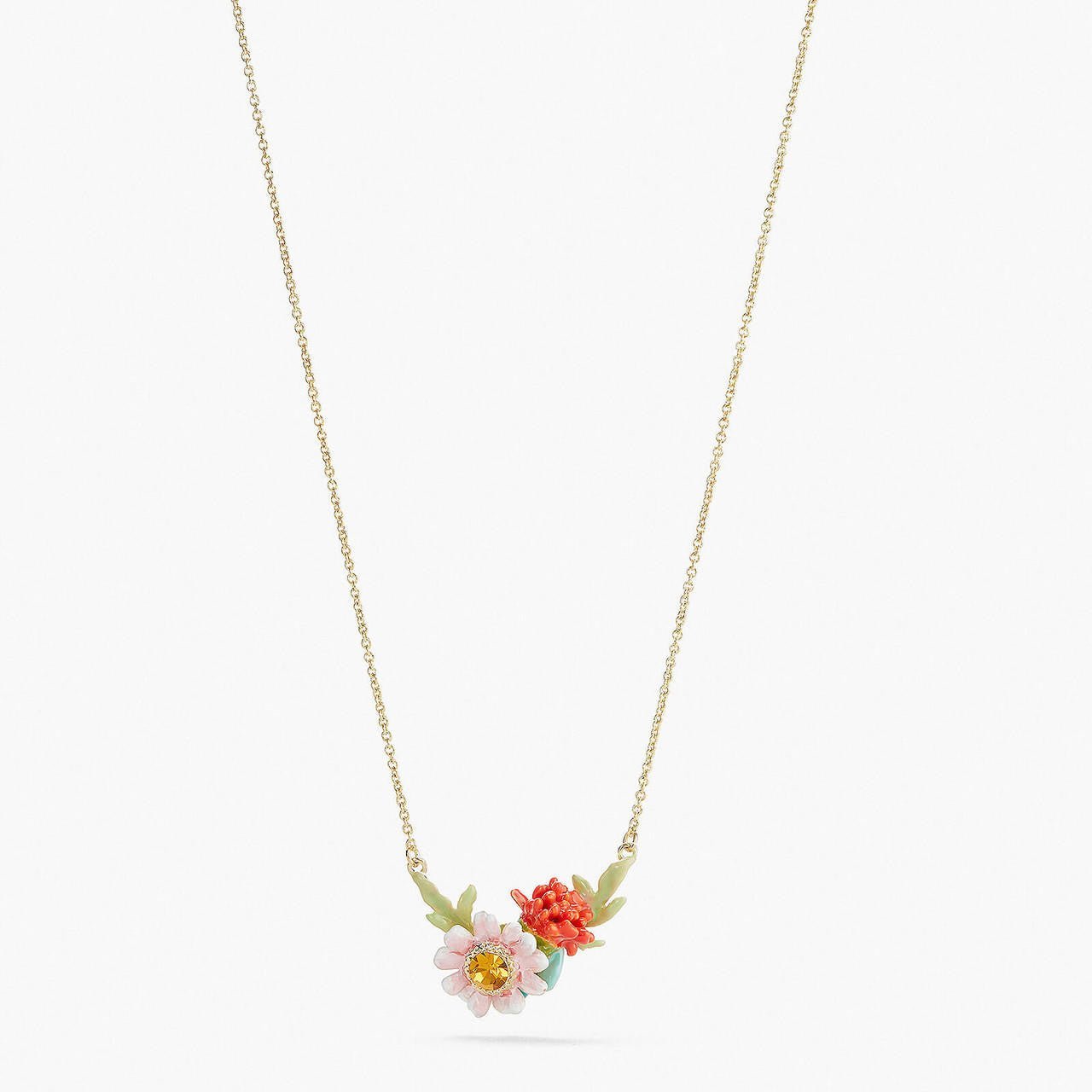 Red Dahlia And Pink Meadow Flower Pendant Necklace | APPP3061 - Les Nereides