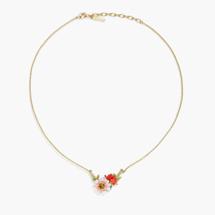 Red Dahlia And Pink Meadow Flower Pendant Necklace | APPP3061 - Les Nereides
