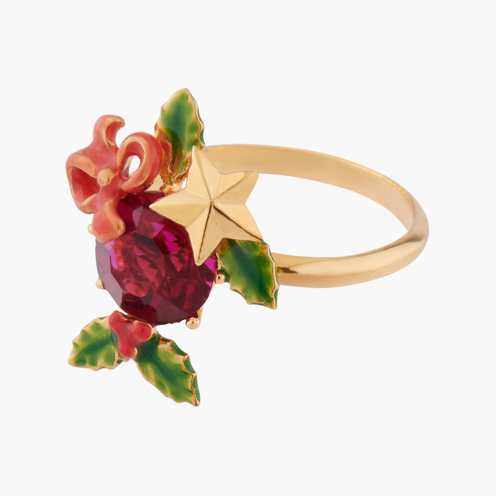 Red Stone And Christmas Holly Adjustable Rings | AKNO602 - Les Nereides
