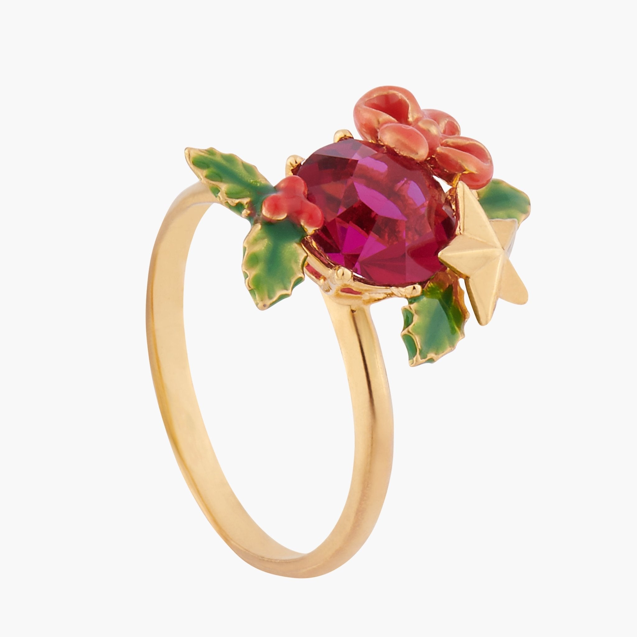 Red Stone And Christmas Holly Adjustable Rings | AKNO602 - Les Nereides