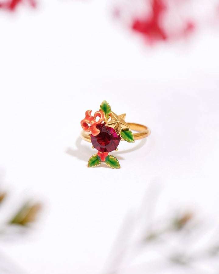 Red Stone And Christmas Holly Adjustable Rings | AKNO602 - Les Nereides