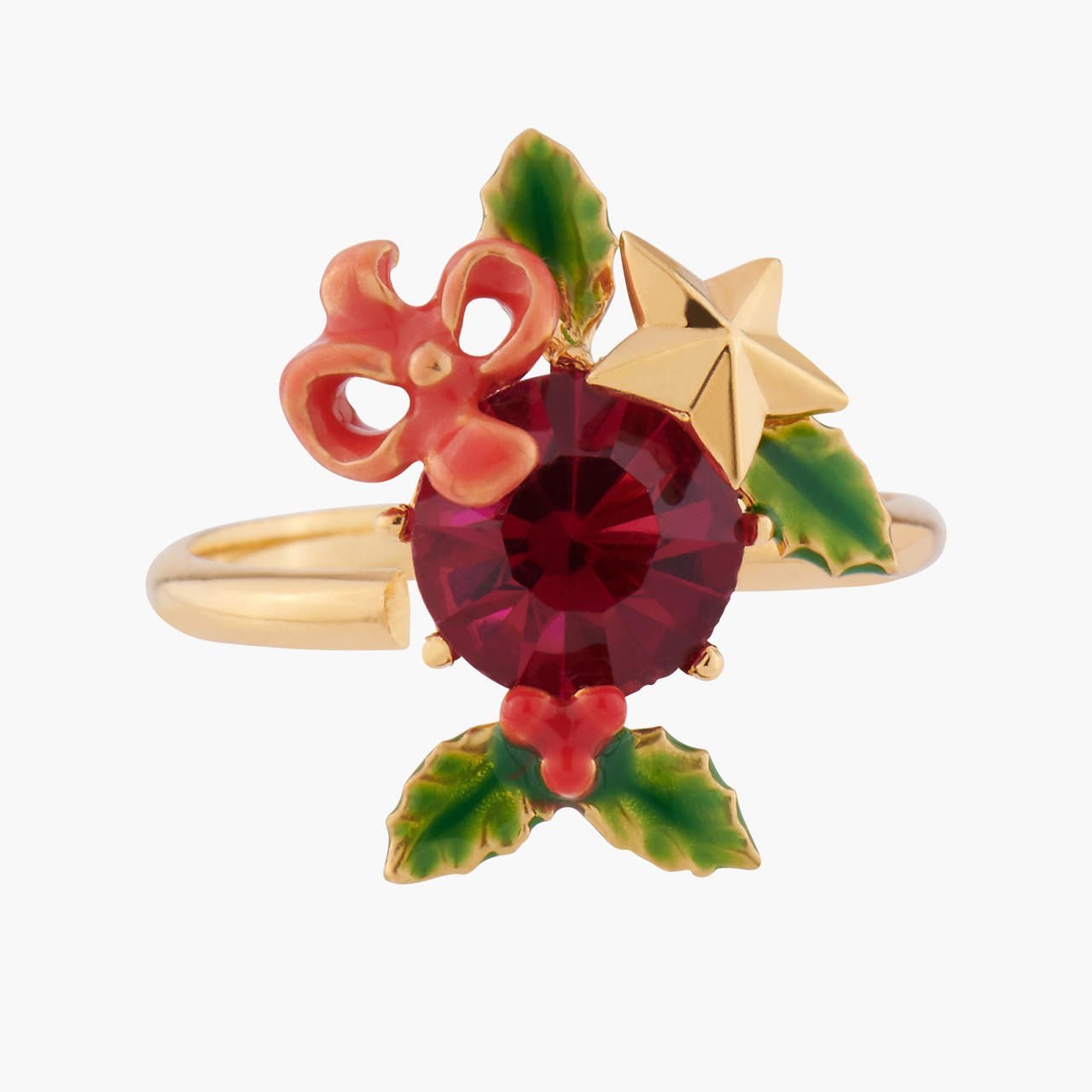 Red Stone And Christmas Holly Adjustable Rings | AKNO602 - Les Nereides