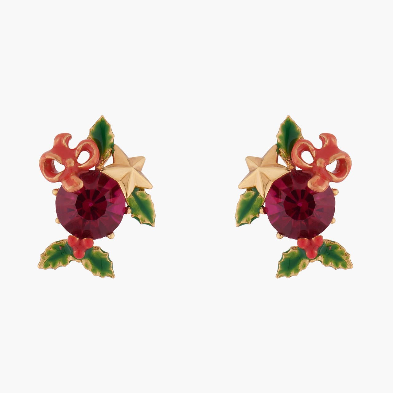 Red Stone And Christmas Holly Earrings | AKNO103 - Les Nereides