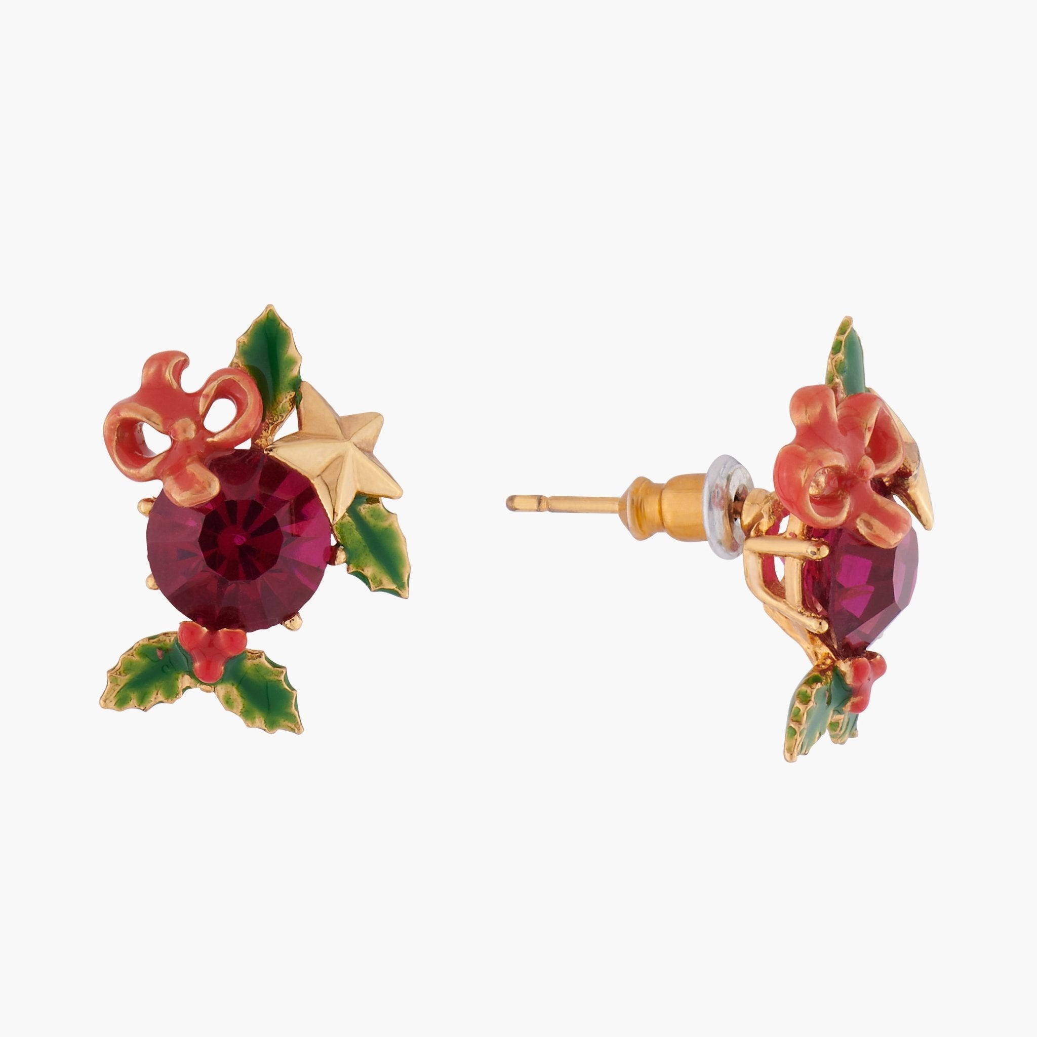 Red Stone And Christmas Holly Earrings | AKNO103 - Les Nereides