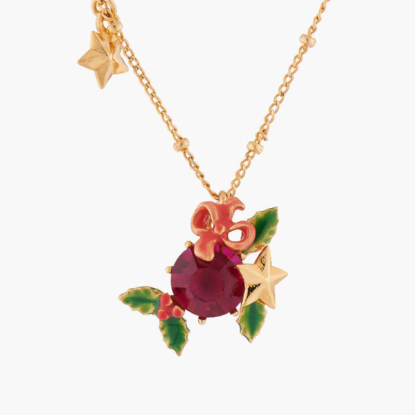 Red Stone And Christmas Holly Pendant Necklace | AKNO302 - Les Nereides
