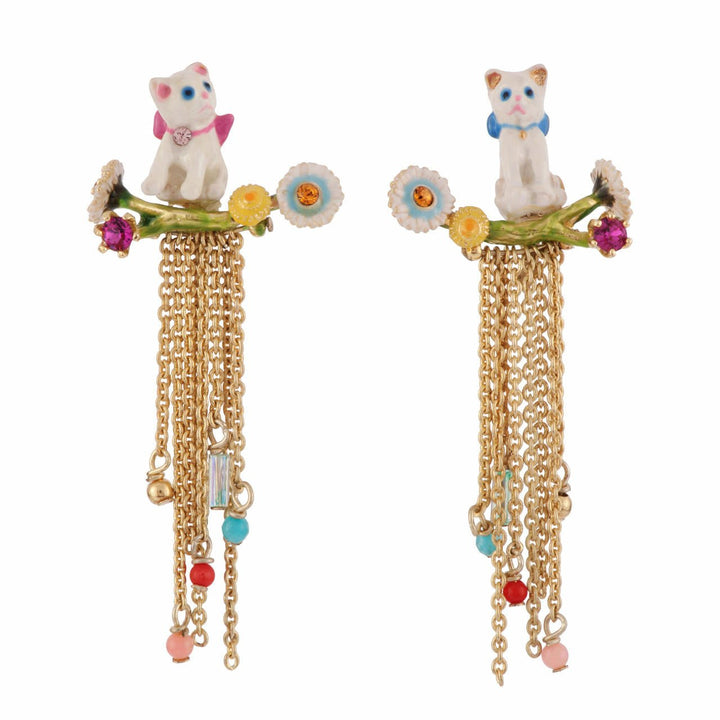 Retail Only - Little Cats White Cats On Branches With Chains & Flowers Earrings | AFLC1081 - Les Nereides