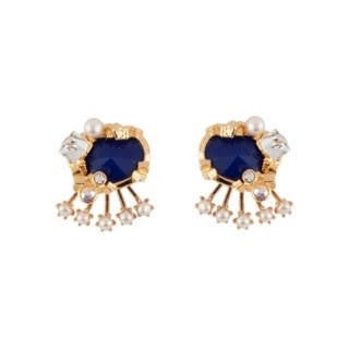 Roches Singulieres Blue Crystal Stone With Cubes & Pearls Ear Jacket Earrings | AERO1011 - Les Nereides