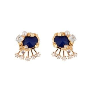 Roches Singulieres Blue Crystal Stone With Cubes & Pearls Ear Jacket Earrings | AERO1011 - Les Nereides