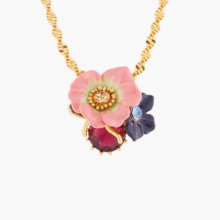 Rose And Apple Blossoms On Faceted Stone Pendant Necklace | AKPC302 - Les Nereides