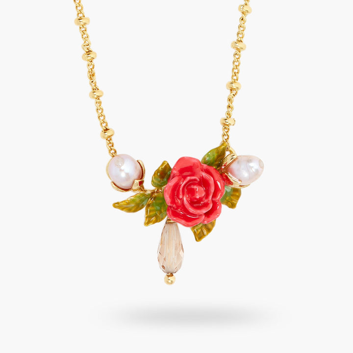 Rose, cultured pearl and crystal drop statement necklace | ASAR3071 - Les Nereides