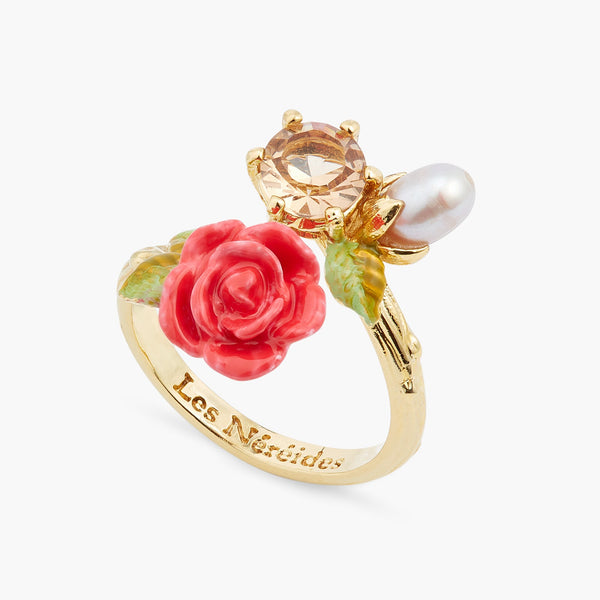 Rose, cultured pearl and stone adjustable ring | ASAR6061 - Les Nereides