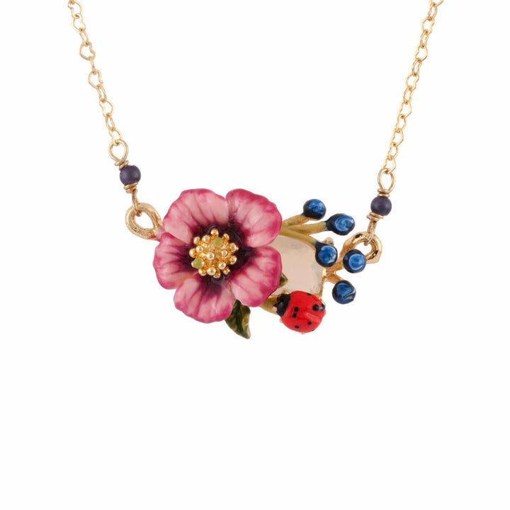 Rose D'Orient Blue Crystal Stone With Pink Flower, Berries & Ladybird Necklace | AFOR3071 - Les Nereides