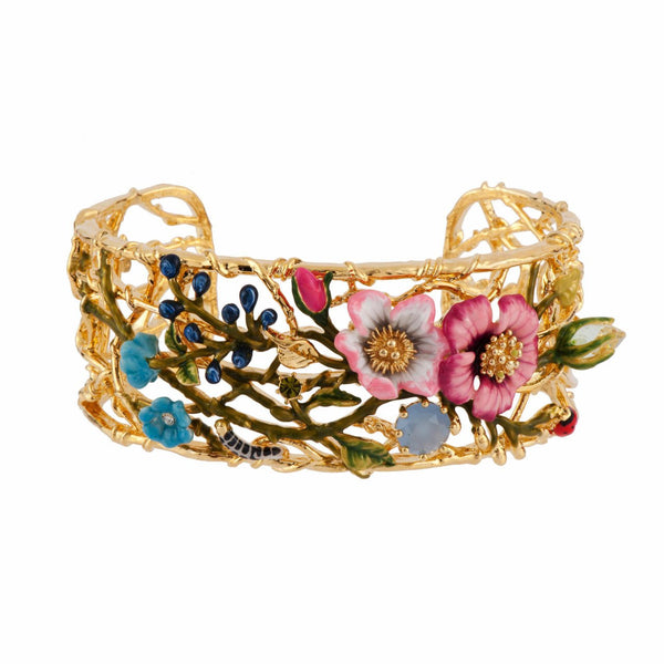 Rose D'Orient Pale Pink Flower, Pink Flower With Berries And Light Blue Stone Small Bracelet | AFOR203/11 - Les Nereides