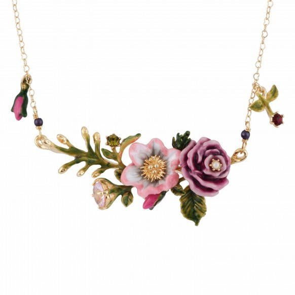 Rose D'Orient Pale Pink Flower & Pink Rose With Caterpillar & Gold Buds Necklace | AFOR3041 - Les Nereides