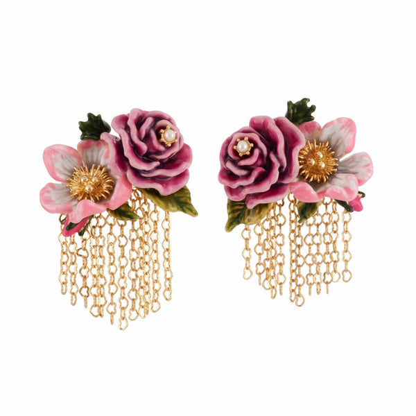 Rose D'Orient Pale Pink Flower & Pink Rose With Chains Earrings | AFOR1091 - Les Nereides