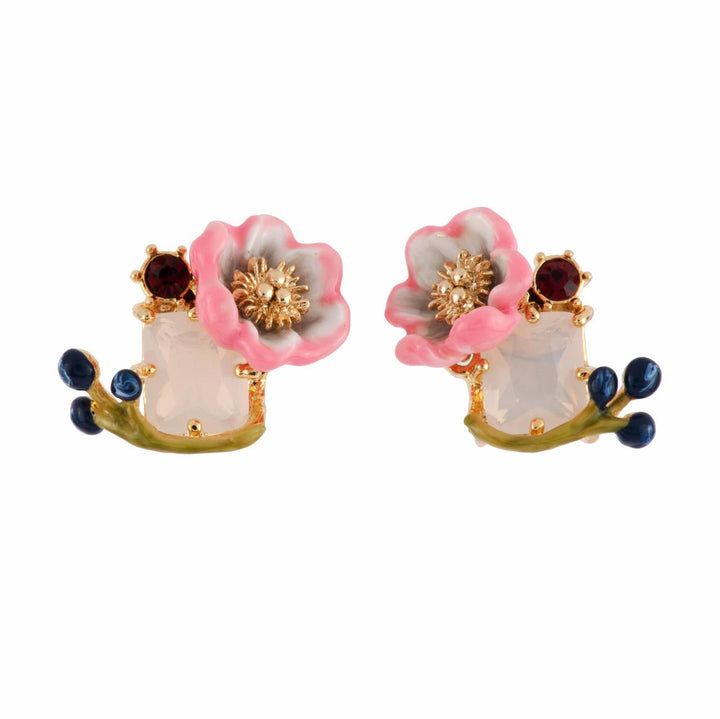 Rose D'Orient Pale Pink Flower With White Crystal Stone & Berries Earrings | AFOR1011 - Les Nereides