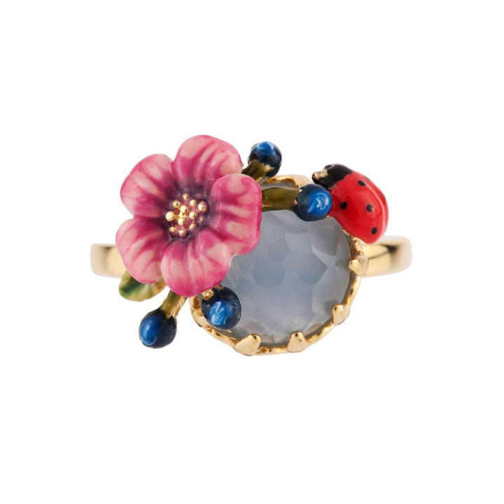 Rose D'Orient Pink Flower With Berries, Ladybird And Light Blue Crystal Stone Rings | AFOR601/11 - Les Nereides