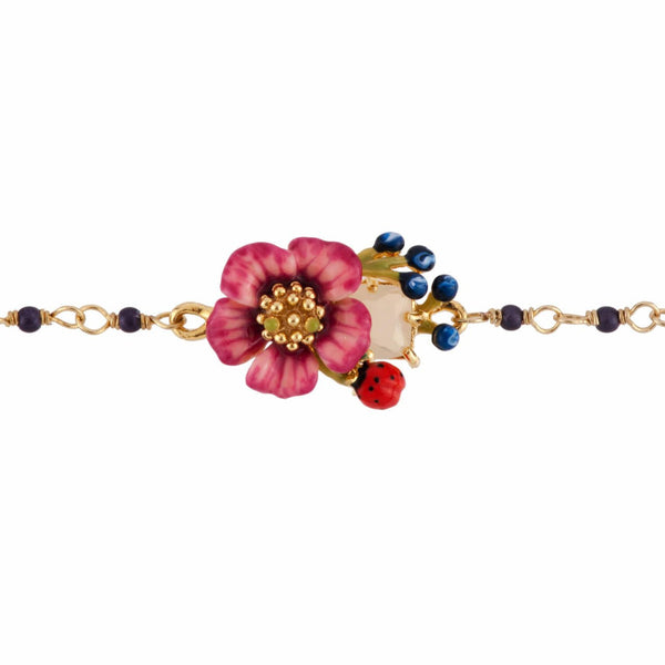 Rose D'Orient Pink Flower With Blue Crystal Stone, Berries & Beaded Chain Bracelet | AFOR2021 - Les Nereides