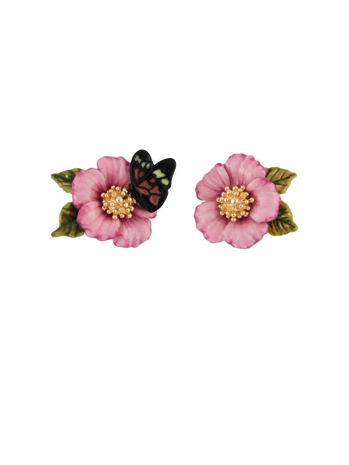 Rose D'Orient Pink Flower With Caterpillar & Butterfly Earrings | AFOR1021 - Les Nereides