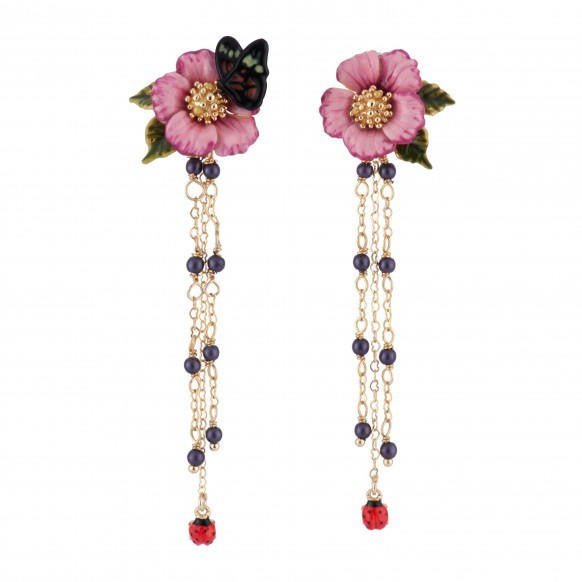 Rose D'Orient Pink Flower With Chains, Caterpillar & Butterfly Earrings | AFOR1071 - Les Nereides