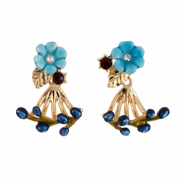Rose D'Orient Small Blue Flower With Crystal And Berries Ear Jacket Earrings | AFOR1121 - Les Nereides