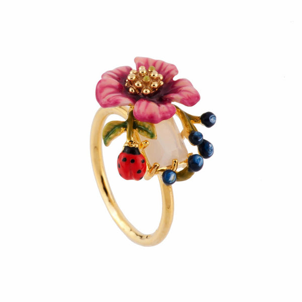 Rose D'Orient White Crystal Stone With Pink Flower, Berries & Ladybird Rings | AFOR604/11 - Les Nereides