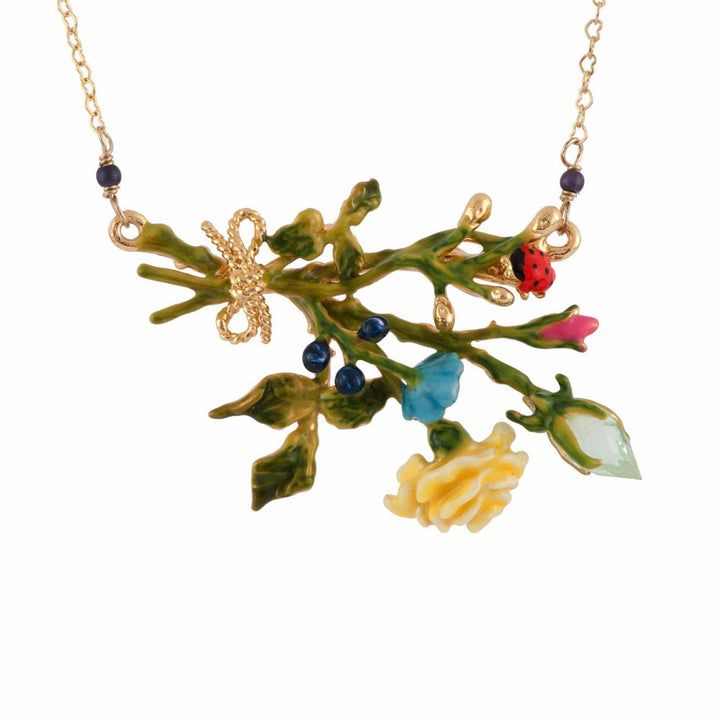 Rose D'Orient Yellow Rose With Gold Buds & Ladybird Necklace | AFOR3051 - Les Nereides