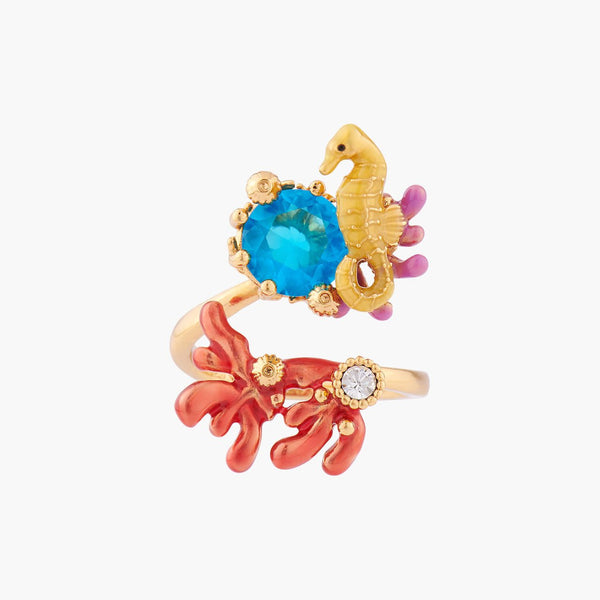 Seahorse And Blue Lagoon Crystal Adjustable Rings | ALPC6011 - Les Nereides