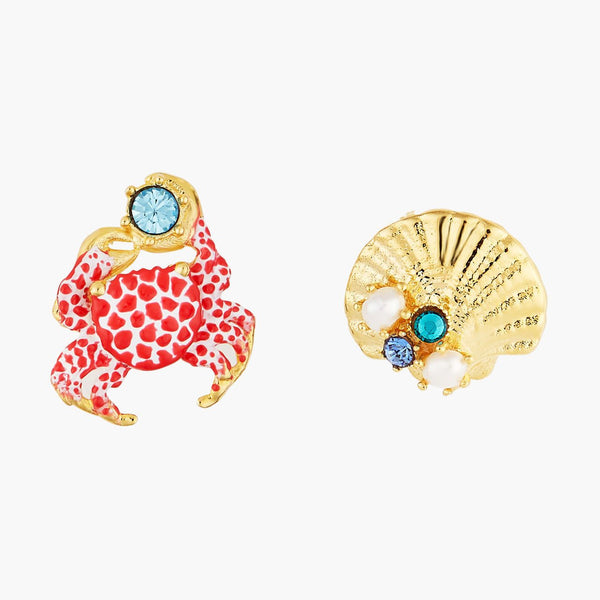 Seashell And Scarlet Crab Asymmetrical Post Earrings | AOGL1041 - Les Nereides