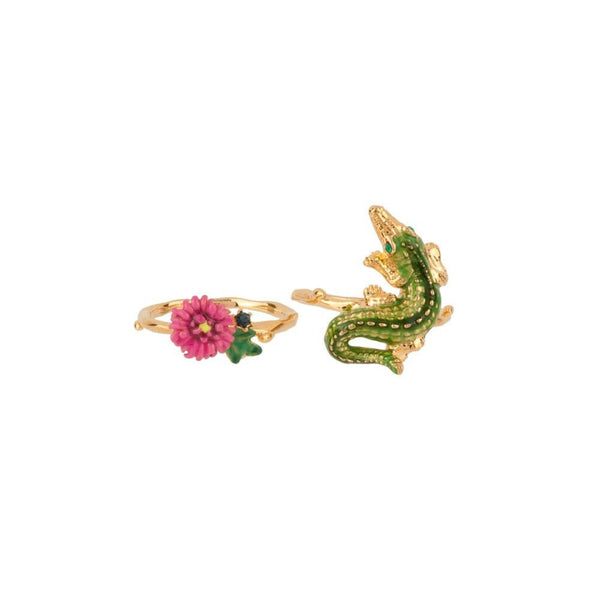 Set Of 2 Jungle Tropicale Crocodile And Pink Flower Rings | ADJT602/11 - Les Nereides