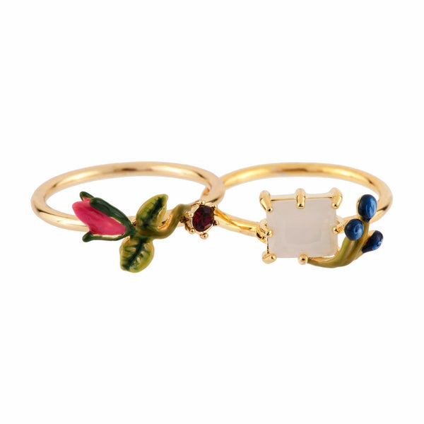 Set Of 2 Rose D'Orient White Crystal Stone With Berries & Rose Bud Rings | AFOR602/11 - Les Nereides