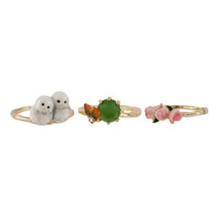 Set Of 3 Clarte Nocturne Baby Owls, Rose Buds & Dark Green Crystal Stone Rings | AECN608/11 - Les Nereides