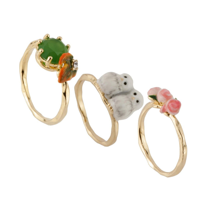 Set Of 3 Clarte Nocturne Baby Owls, Rose Buds & Dark Green Crystal Stone Rings | AECN608/11 - Les Nereides