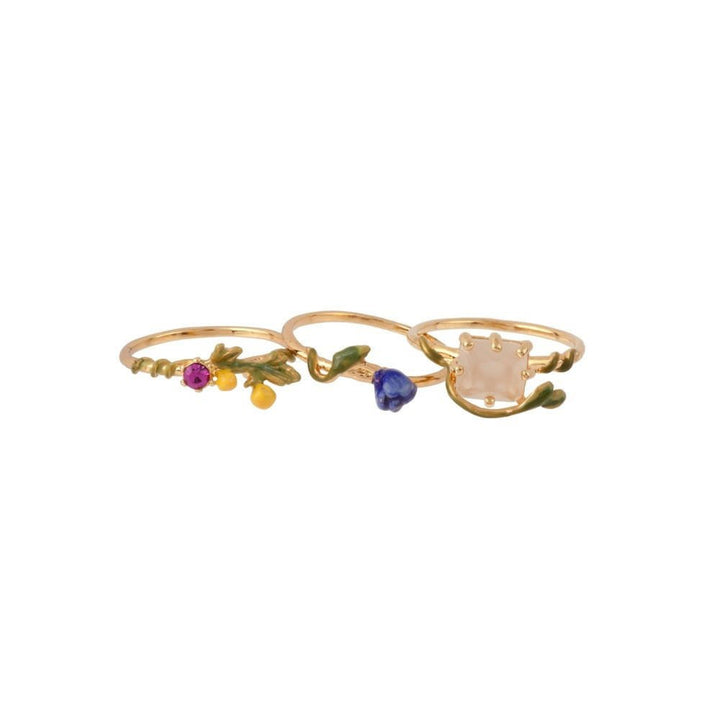 Set Of 3 Floraisons Sauvages Faceted Crystal, Blue Tulip & Pink Crystal Rings | ADFS601/11 - Les Nereides