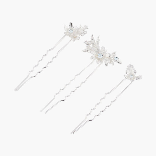 Set Of 3 Hair Pins With Flowers And Blue-Toned Crystals Charms | AKJV401 - Les Nereides