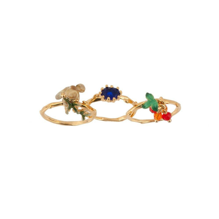 Set Of 3 Jungle Tropicale Monkey, Dark Blue Stone & Beads Rings | ADJT603/11 - Les Nereides
