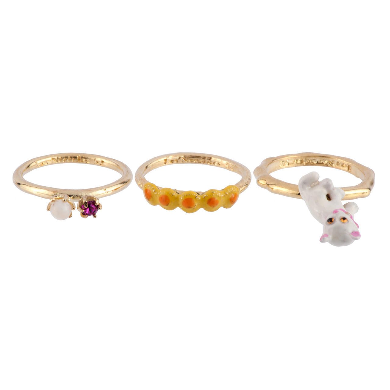 Set Of 3 Little Cats White Cat, Dandelion Flowers And Crystal Rings | AFLC601/11 - Les Nereides