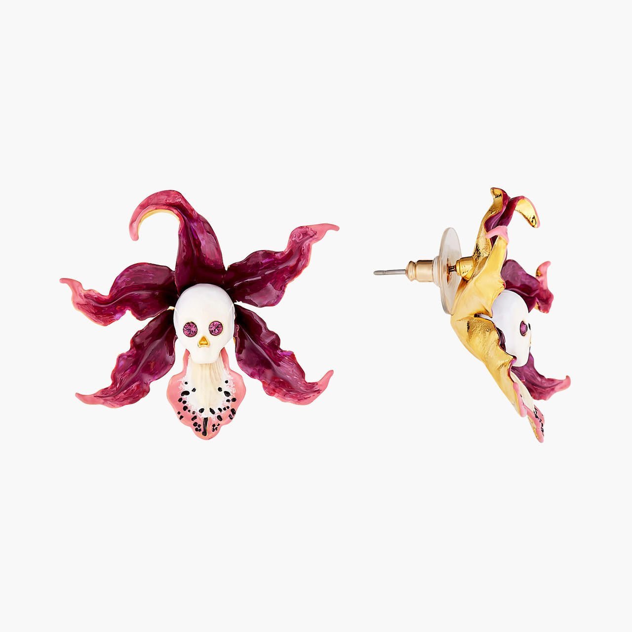 Skull And Crossbones And Cattleya Orchid Earrings | AOOC1111 - Les Nereides