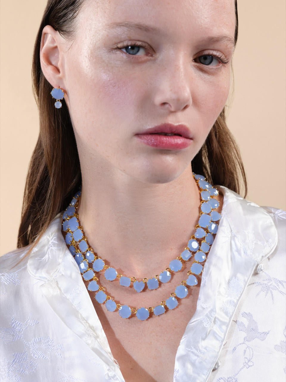 Sky Blue Diamantine Luxurious Two - Row Necklace | ARLD3551 - Les Nereides