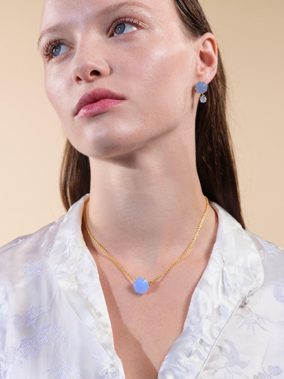 Sky Blue Diamantine Round Stone Long Necklace | ARLD3331 - Les Nereides