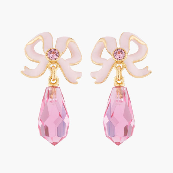 Small Ribbon And Pink Faceted Stone Earrings | AKJV1031 - Les Nereides