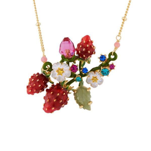 Strawberries, White Flowers And Branch Full Of Leaves Necklace | AHPO3011 - Les Nereides