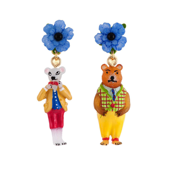 Theé Smith Family Blue Flowers With Mouse And Bear Earrings | AFSM1031 - Les Nereides