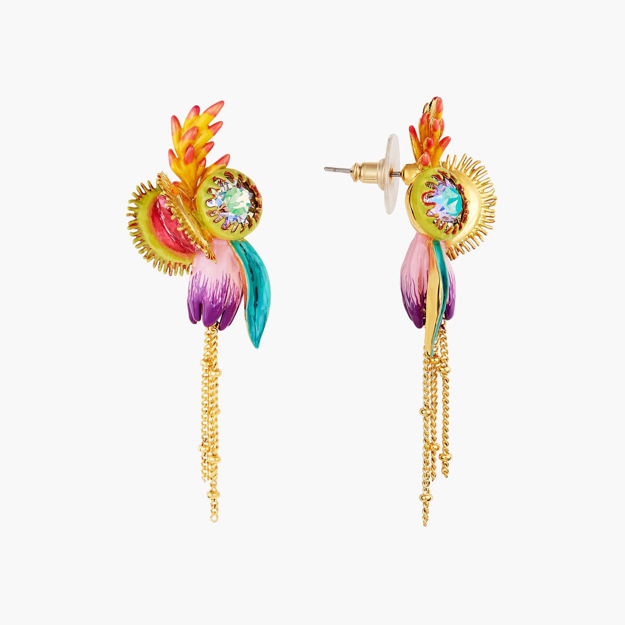 Tropical Flower And Faceted Crystal Stone Dangling Earrings | AOOC1121 - Les Nereides