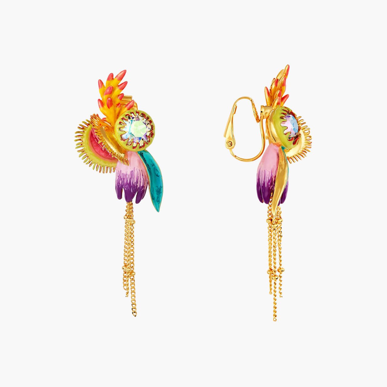 Tropical Flower And Faceted Crystal Stone Dangling Earrings | AOOC1121 - Les Nereides