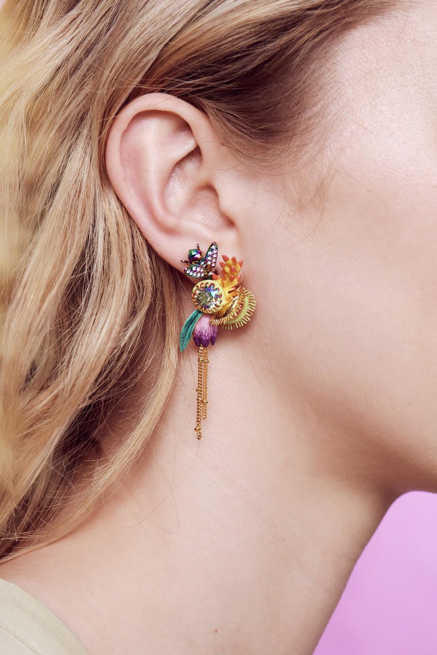 Tropical Flower And Faceted Crystal Stone Dangling Earrings | AOOC1121 - Les Nereides