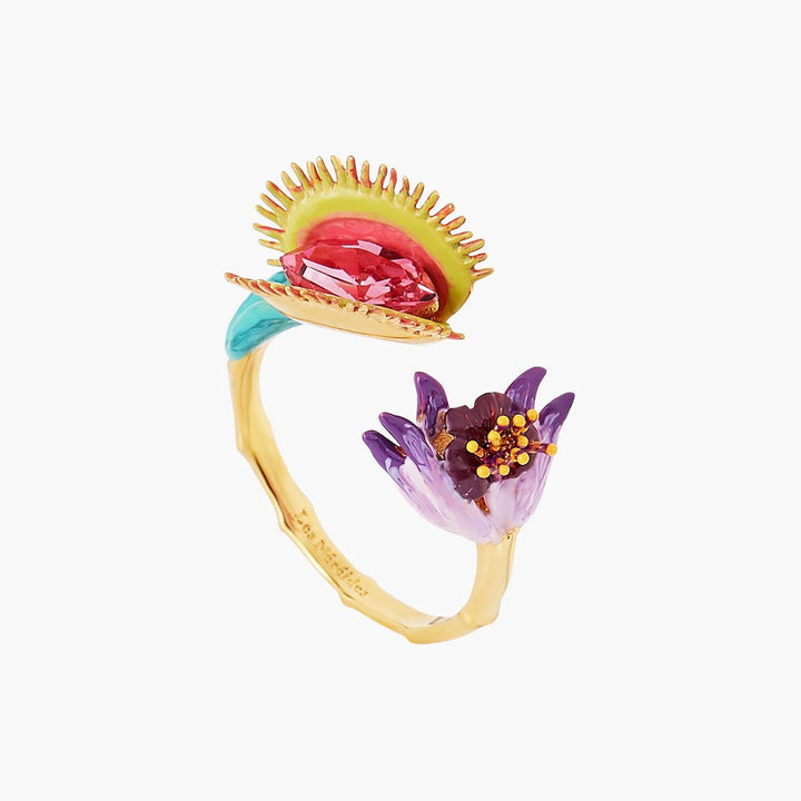 Tropical Flower And Pink Faceted Crystal Stone Adjustable Ring | AOOC6061 - Les Nereides